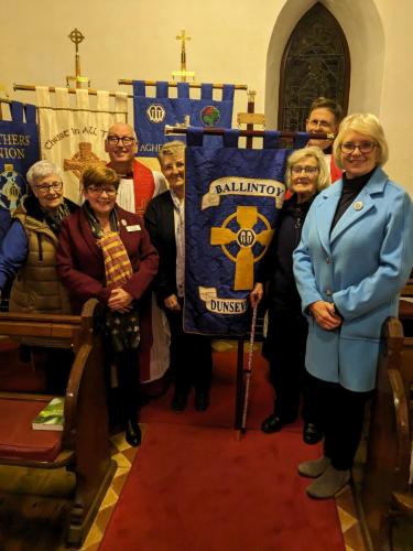 June Butler, All Ireland President pictured with Archdeacon Stephen McBride, All Ireland and Cannor Diocesan MU Chaplain. Roslyn, North Connor Area Chair, Rev Patrick Barton, Rector Ballintoy, Dunseverick and Rathlin Parish, and members of the branch.